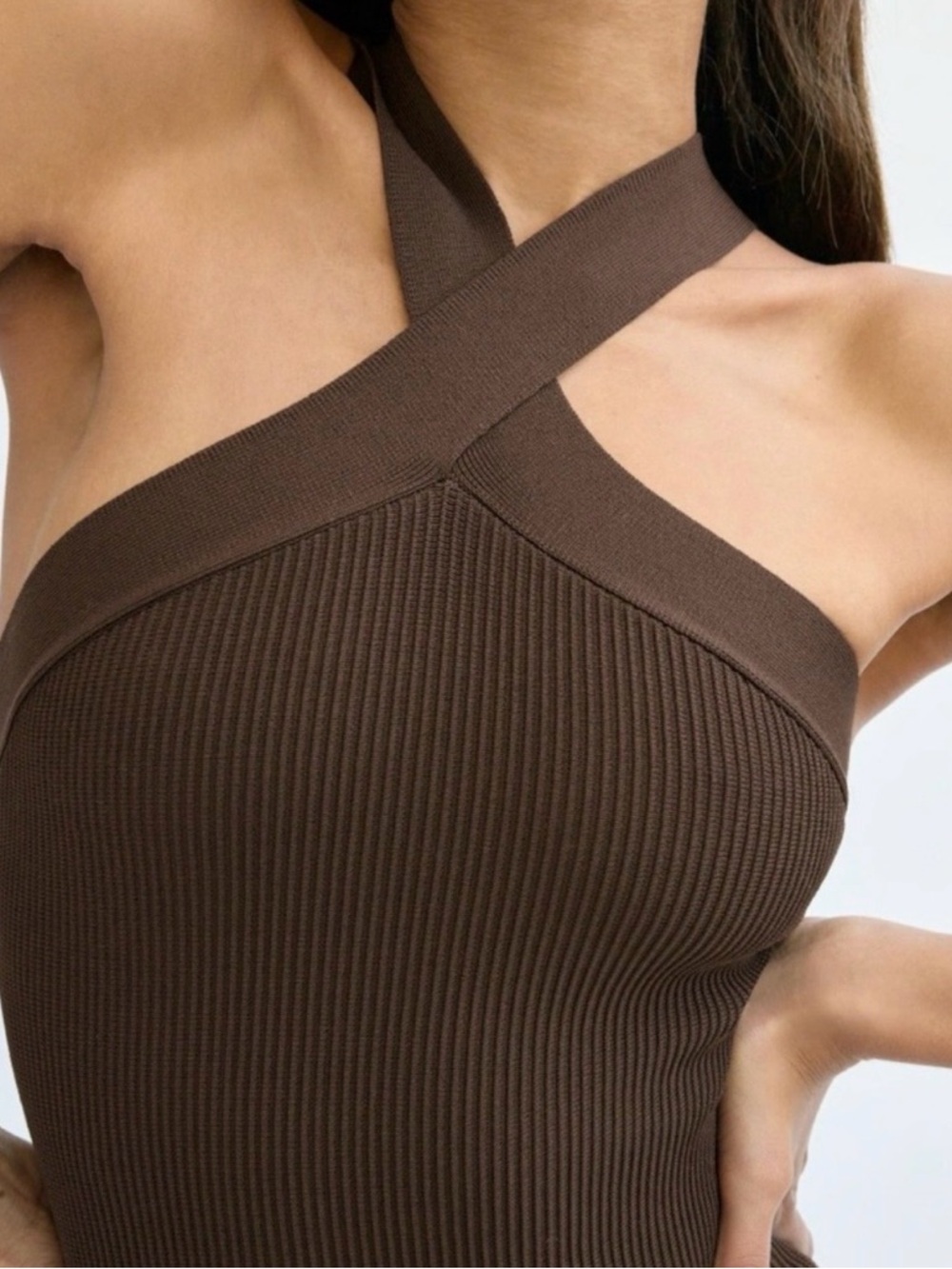 Babaton Chocolate Brown Ribbed Cross-Front Tank